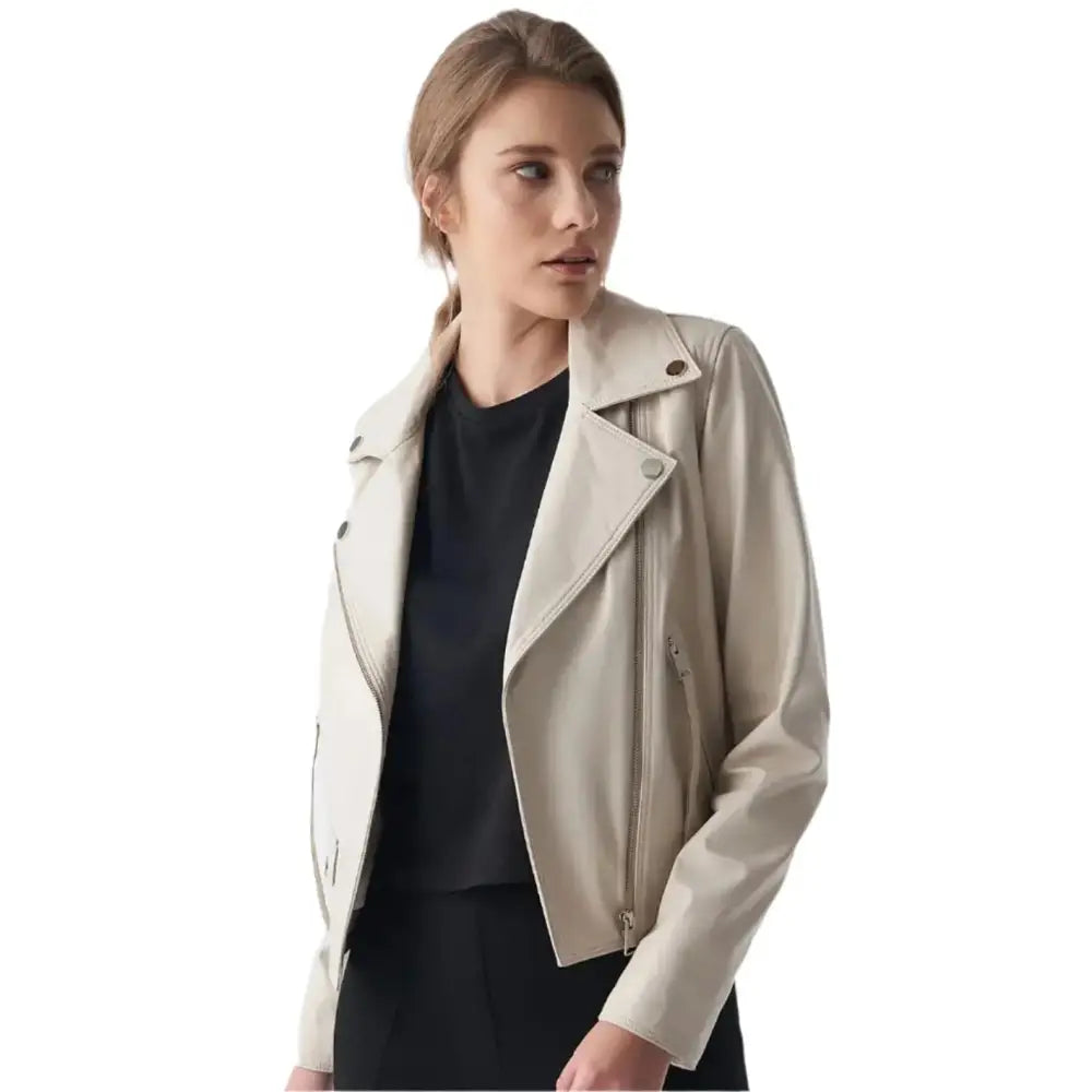 Women’s Beige Nappa Leather Biker Jacket-0