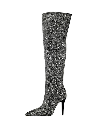 Black and Silver Embellished Knee High Boots-0