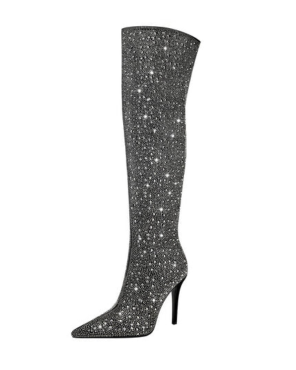 Black and Silver Embellished Knee High Boots-2
