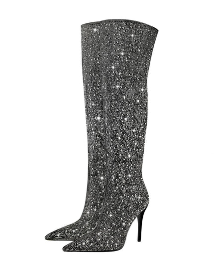 Black and Silver Embellished Knee High Boots-3