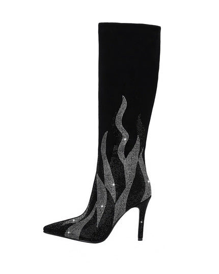Black and Silver Flaming Hot Knee High Boots-0