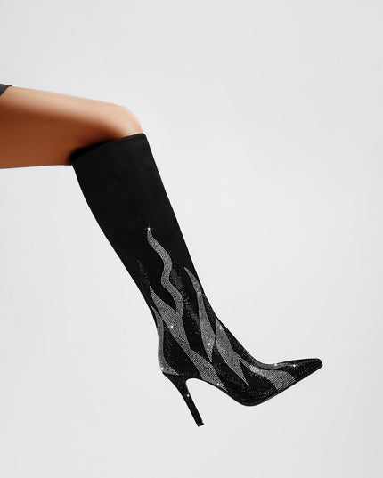 Black and Silver Flaming Hot Knee High Boots-1