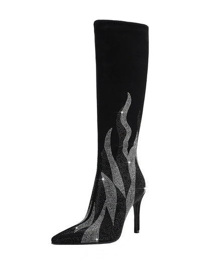 Black and Silver Flaming Hot Knee High Boots-2