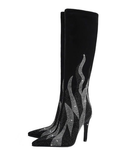Black and Silver Flaming Hot Knee High Boots-3