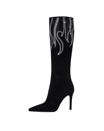 Black and Sliver Flame Pointed Toe Knee High Boots-0