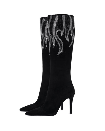 Black and Sliver Flame Pointed Toe Knee High Boots-2