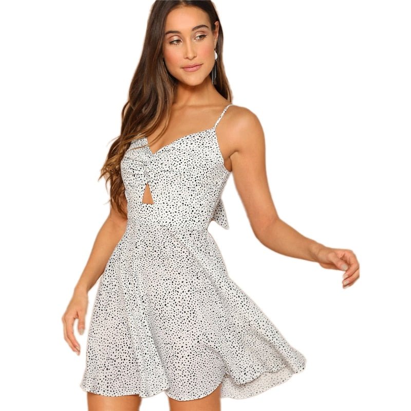 Black and White Backless Knot Detail Fit And Flare Cami Dress Women Sleeveless Casual Summer Spaghetti Strap Dresses-3