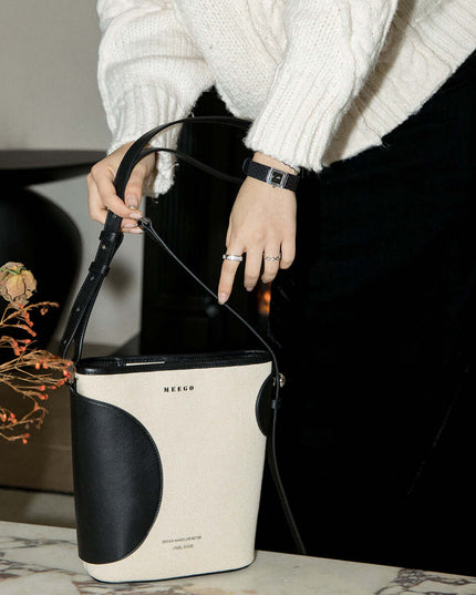 Black and White Colorblock Cross Body Bucket Bag-1