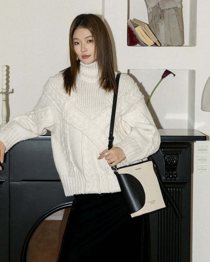 Black and White Colorblock Cross Body Bucket Bag-2