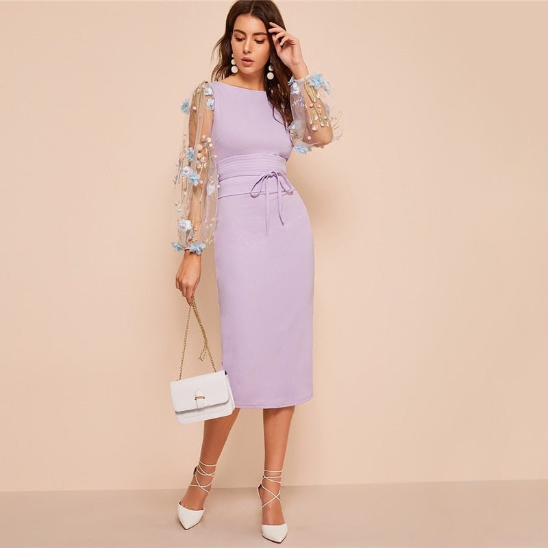 Black Applique Embroidered Mesh Sleeve Pencil Dress Women Autumn Elegant Casual Boat Neck Bishop Sleeve Pencil Dresses-3