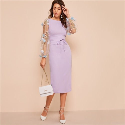 Black Applique Embroidered Mesh Sleeve Pencil Dress Women Autumn Elegant Casual Boat Neck Bishop Sleeve Pencil Dresses-0