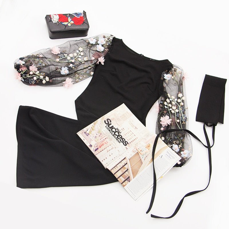 Black Applique Embroidered Mesh Sleeve Pencil Dress Women Autumn Elegant Casual Boat Neck Bishop Sleeve Pencil Dresses-4