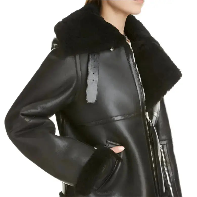 Women’s Black Aviator Sherpa Leather Jacket-2