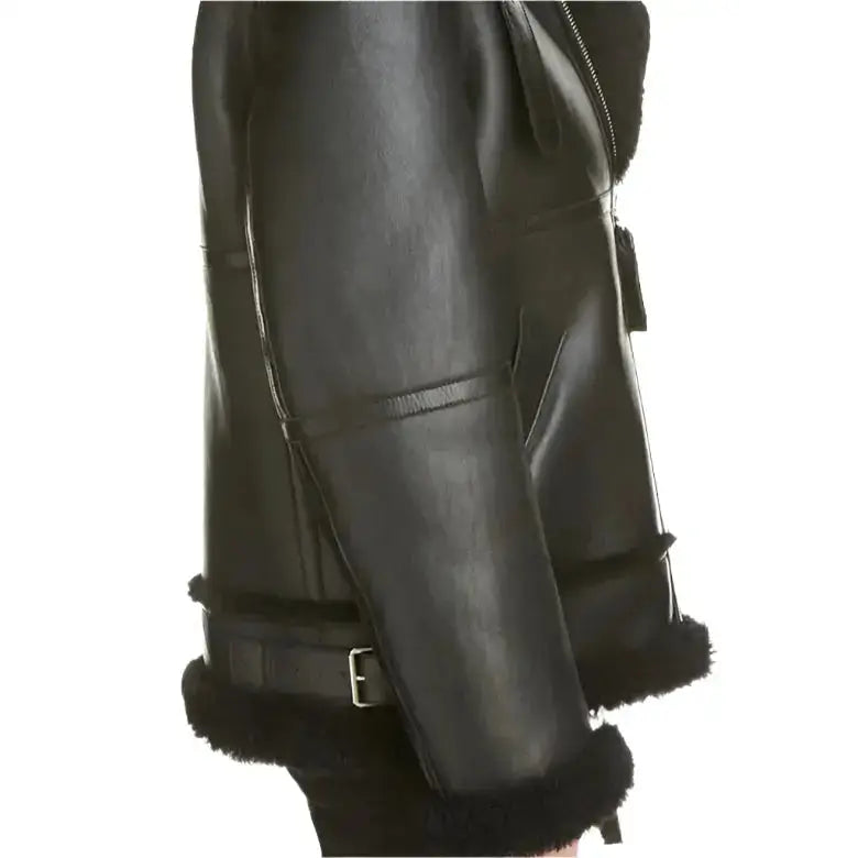 Women’s Black Aviator Sherpa Leather Jacket-3