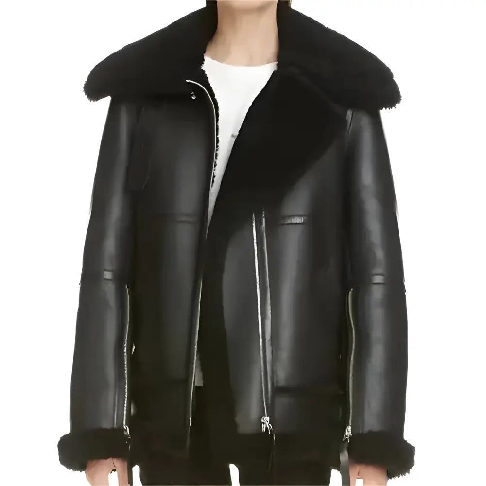 Women’s Black Aviator Sherpa Leather Jacket-0