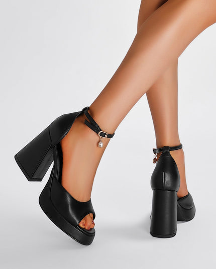 Black Chunky Block High Heel Ankle Strap Sandals-0
