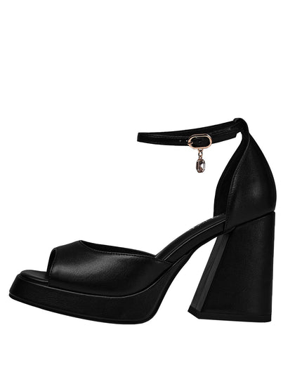 Black Chunky Block High Heel Ankle Strap Sandals-2