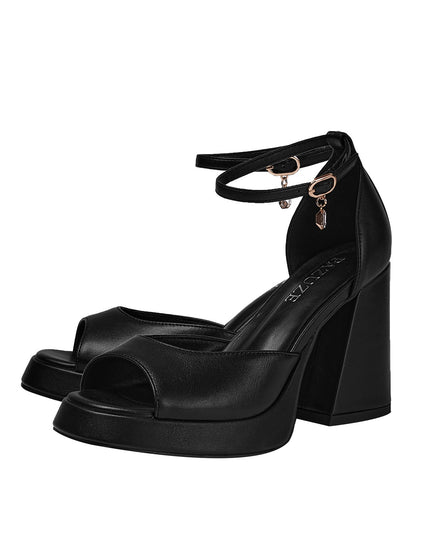 Black Chunky Block High Heel Ankle Strap Sandals-4