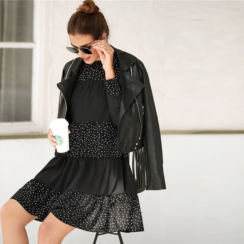 Black Contrast Polka Dot Frill Mock Neck Babydoll Dress Women Spring Long Sleeve Casual Flared Smocked Short Dresses-4
