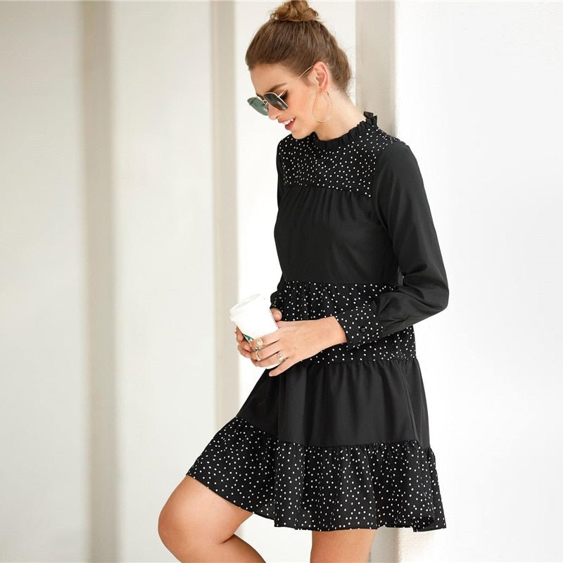 Black Contrast Polka Dot Frill Mock Neck Babydoll Dress Women Spring Long Sleeve Casual Flared Smocked Short Dresses-2