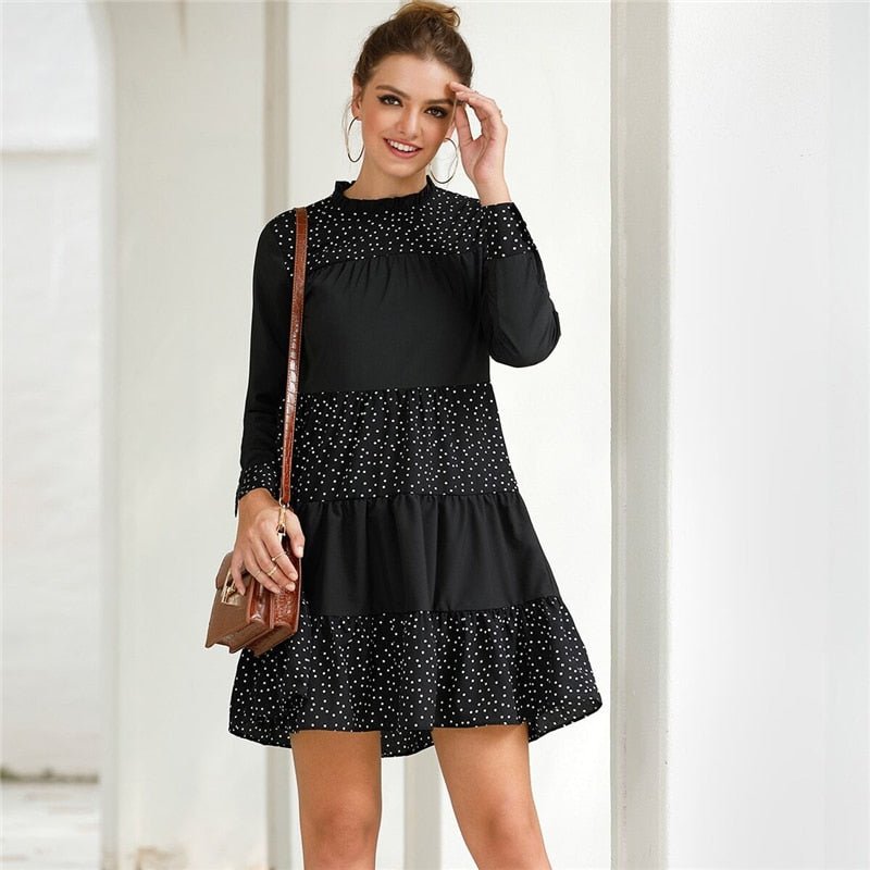 Black Contrast Polka Dot Frill Mock Neck Babydoll Dress Women Spring Long Sleeve Casual Flared Smocked Short Dresses-3
