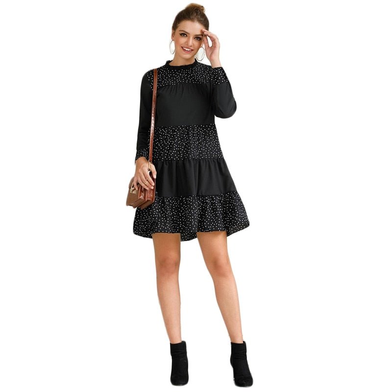 Black Contrast Polka Dot Frill Mock Neck Babydoll Dress Women Spring Long Sleeve Casual Flared Smocked Short Dresses-1
