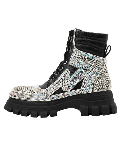 Black Crystal Embellished Walking Ankle Boots-0