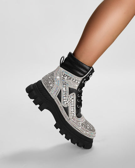 Black Crystal Embellished Walking Ankle Boots-1