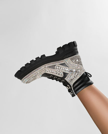 Black Crystal Embellished Walking Ankle Boots-2