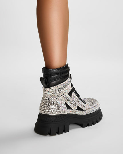 Black Crystal Embellished Walking Ankle Boots-3