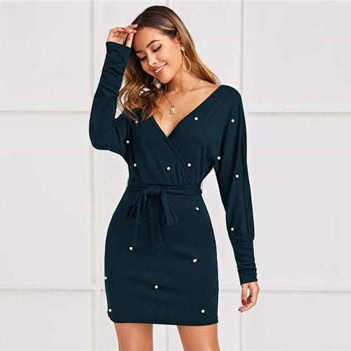 Black Deep V neck Pearls Beading Belted Elegant Dress Women 2019 Autumn High Waist Batwing Sleeve Wrap Bodycon Dresses-9