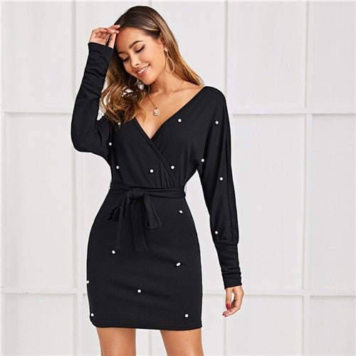 Black Deep V neck Pearls Beading Belted Elegant Dress Women 2019 Autumn High Waist Batwing Sleeve Wrap Bodycon Dresses-0