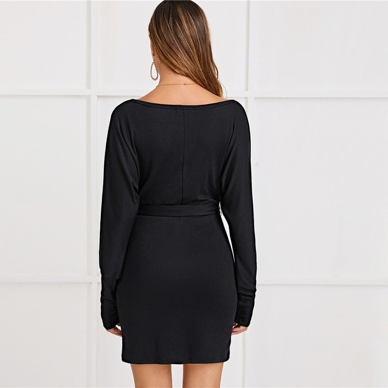 Black Deep V neck Pearls Beading Belted Elegant Dress Women 2019 Autumn High Waist Batwing Sleeve Wrap Bodycon Dresses-2