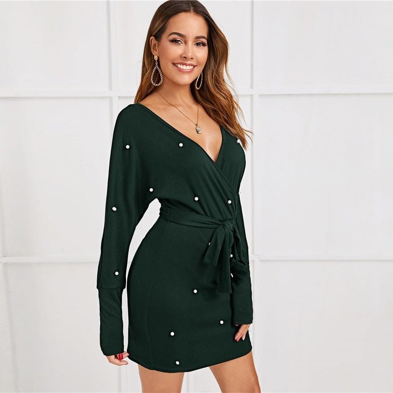 Black Deep V neck Pearls Beading Belted Elegant Dress Women 2019 Autumn High Waist Batwing Sleeve Wrap Bodycon Dresses-4