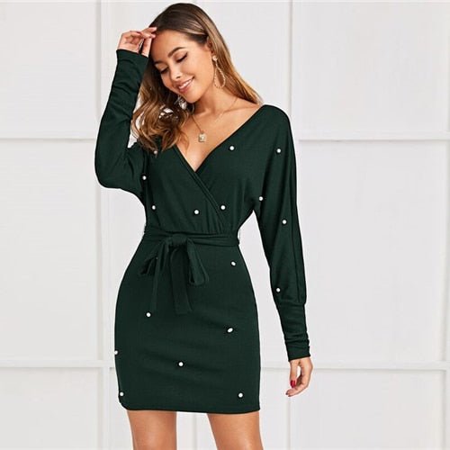 Black Deep V neck Pearls Beading Belted Elegant Dress Women 2019 Autumn High Waist Batwing Sleeve Wrap Bodycon Dresses-7
