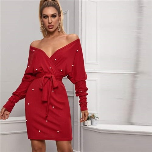 Black Deep V neck Pearls Beading Belted Elegant Dress Women 2019 Autumn High Waist Batwing Sleeve Wrap Bodycon Dresses-1