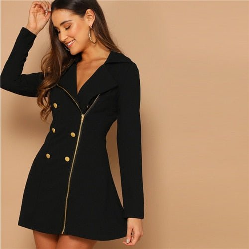 Black Double Breasted Detail Asymmetrical Zip Up Notched Dress Spring Elegant Fit And Flare A Line Elegant Dresses-0