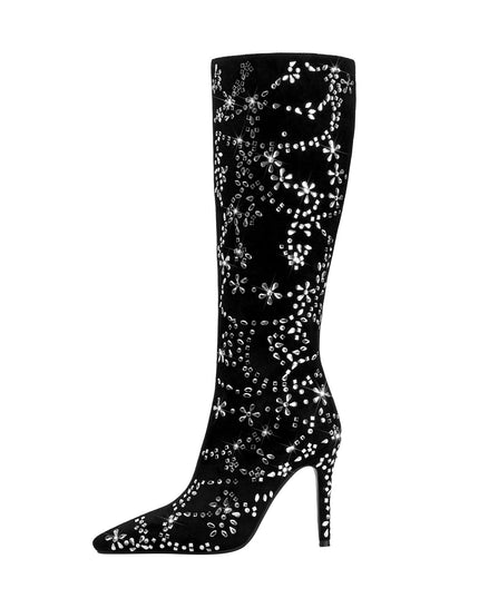 Black Floral Crystal Embellished Knee High Boots-0