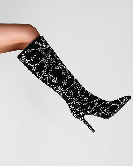 Black Floral Crystal Embellished Knee High Boots-1