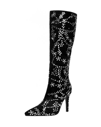 Black Floral Crystal Embellished Knee High Boots-2