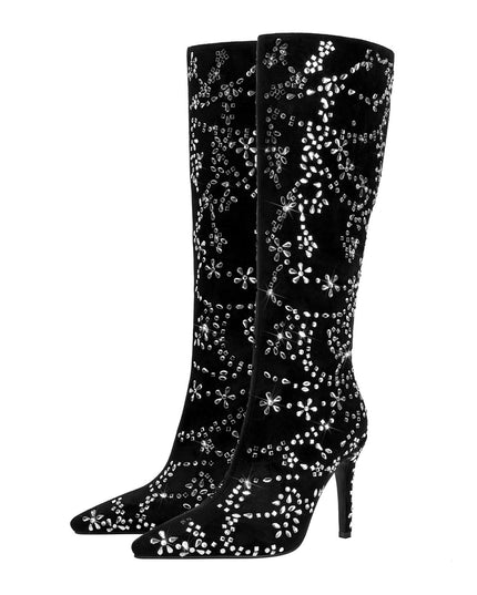 Black Floral Crystal Embellished Knee High Boots-3