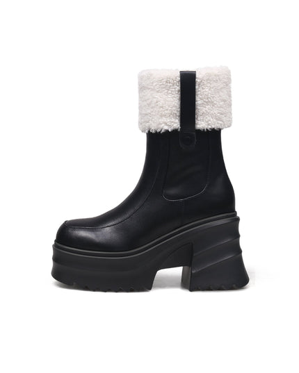 Black Fur-Lined Platform Leather Boots-0