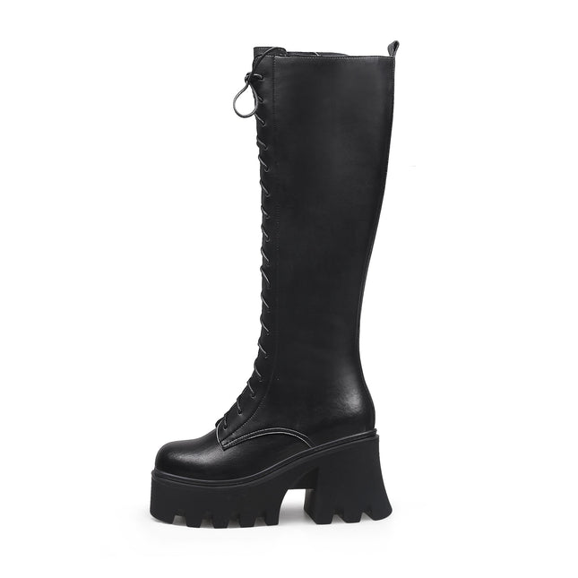 Black Lace-Up Knee-High Boots-0