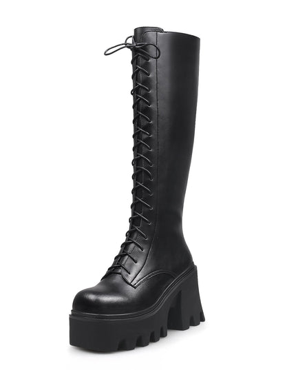 Black Lace-Up Knee-High Boots-1