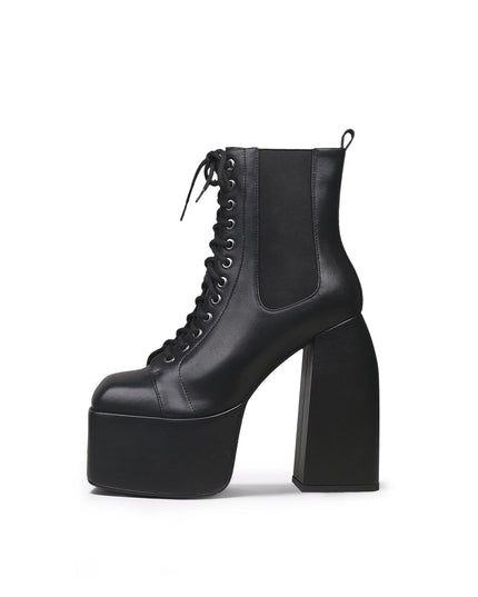 Black Lace-Up Thick Heel Platform Boots-0