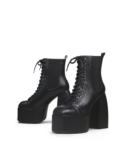 Black Lace-Up Thick Heel Platform Boots-4