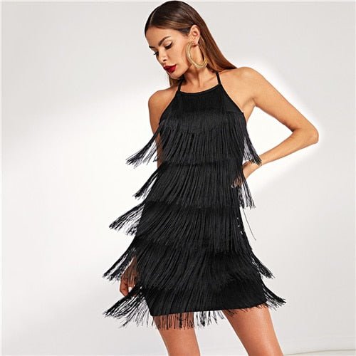 Black Layered Fringe Detail Halter Dress Going Out Sleeveless Solid Short Dress Autumn Modern Lady Women Party Dresses-5