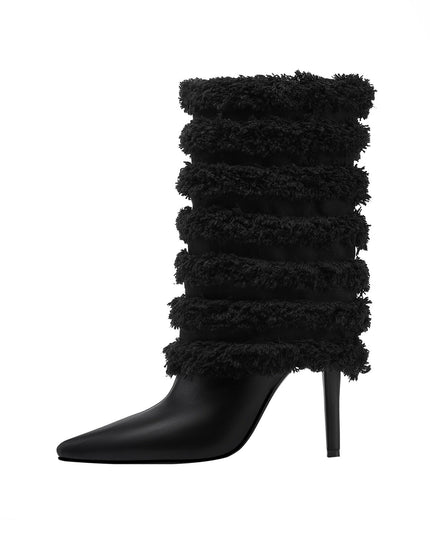 Black Leather Fur Coil Pointed Stiletto Boots-0