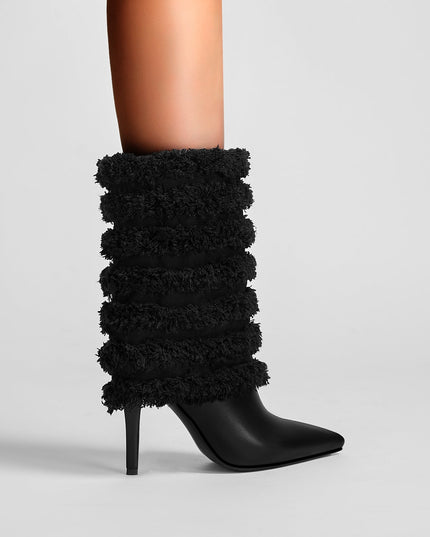 Black Leather Fur Coil Pointed Stiletto Boots-1