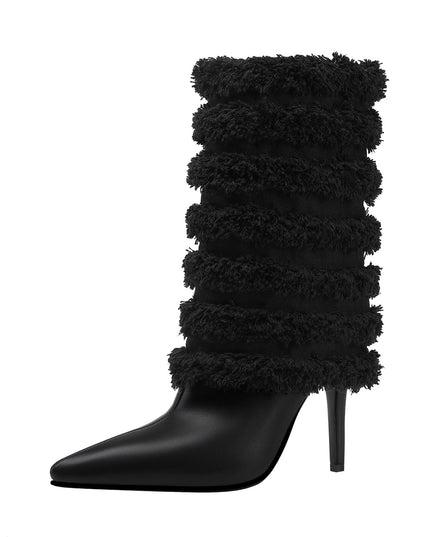 Black Leather Fur Coil Pointed Stiletto Boots-2